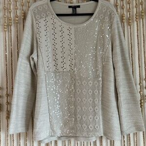 Boho Cotton Cream Patchwork Crochet Lace Sequin Cottage Core Pullover Sweater Lg